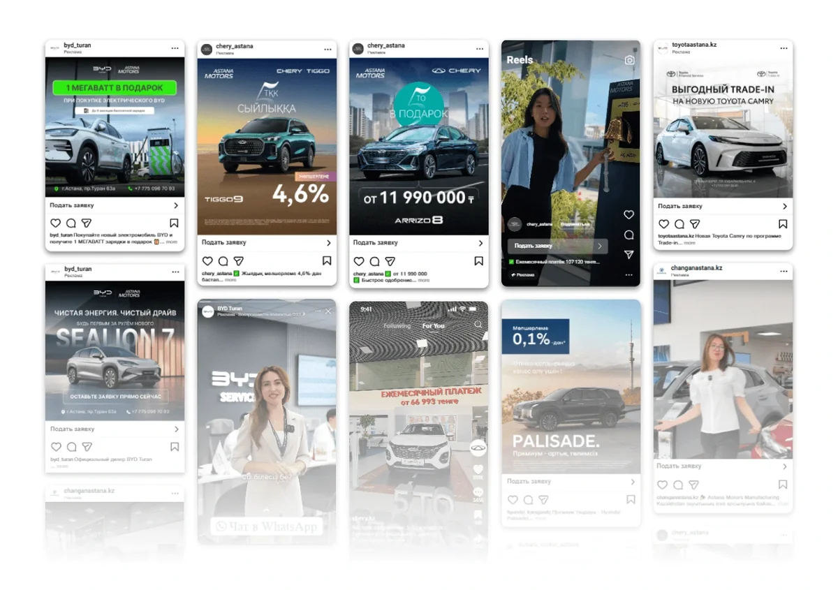 Рекламные посты, сторис и Reels для автосалонов BYD, Chery, Toyota, Hyundai и Changan